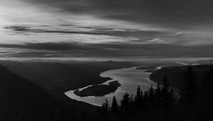 Preview wallpaper river, island, trees, dusk, dark, black and white