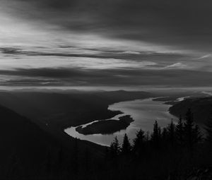 Preview wallpaper river, island, trees, dusk, dark, black and white