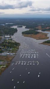 Preview wallpaper river, islands, boats, shore, trees, aerial view