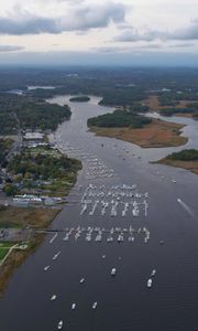 Preview wallpaper river, islands, boats, shore, trees, aerial view