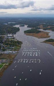 Preview wallpaper river, islands, boats, shore, trees, aerial view