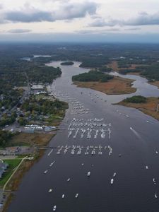 Preview wallpaper river, islands, boats, shore, trees, aerial view