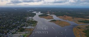 Preview wallpaper river, islands, boats, shore, trees, aerial view