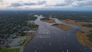 Preview wallpaper river, islands, boats, shore, trees, aerial view