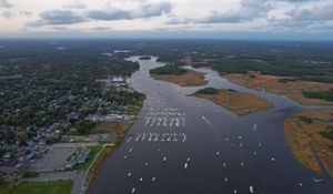 Preview wallpaper river, islands, boats, shore, trees, aerial view