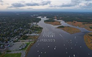 Preview wallpaper river, islands, boats, shore, trees, aerial view