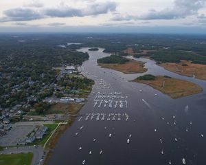 Preview wallpaper river, islands, boats, shore, trees, aerial view