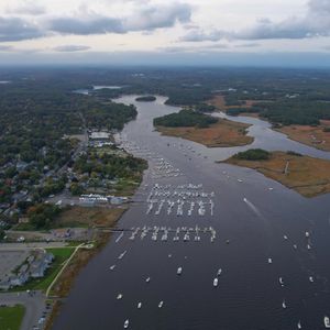 Preview wallpaper river, islands, boats, shore, trees, aerial view