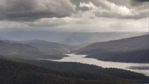 Preview wallpaper river, land, aerial view, forest, hills