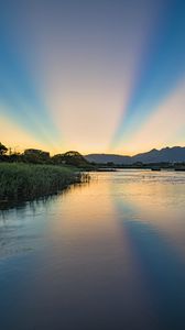 Preview wallpaper river, landscape, nature, mountains, sunrise