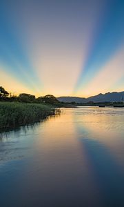 Preview wallpaper river, landscape, nature, mountains, sunrise