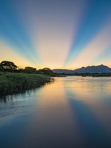Preview wallpaper river, landscape, nature, mountains, sunrise