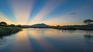 Preview wallpaper river, landscape, nature, mountains, sunrise