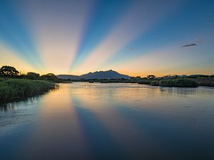 Preview wallpaper river, landscape, nature, mountains, sunrise