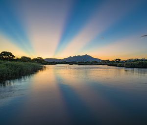 Preview wallpaper river, landscape, nature, mountains, sunrise