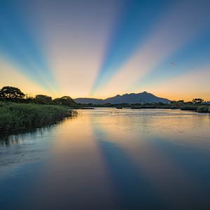 Preview wallpaper river, landscape, nature, mountains, sunrise