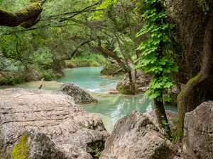 Preview wallpaper river, landscape, stones, trees, nature