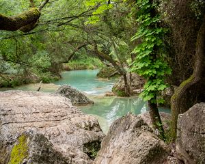 Preview wallpaper river, landscape, stones, trees, nature