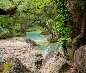 Preview wallpaper river, landscape, stones, trees, nature