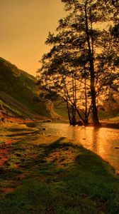 Preview wallpaper river, lighting, trees, evening, beams, shadows, mountains, reflection