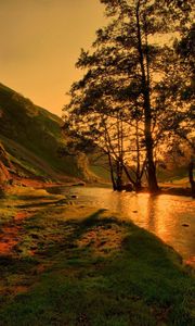 Preview wallpaper river, lighting, trees, evening, beams, shadows, mountains, reflection