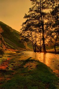 Preview wallpaper river, lighting, trees, evening, beams, shadows, mountains, reflection