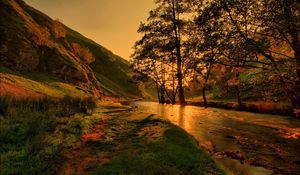 Preview wallpaper river, lighting, trees, evening, beams, shadows, mountains, reflection