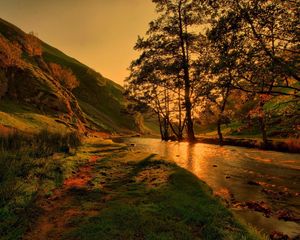 Preview wallpaper river, lighting, trees, evening, beams, shadows, mountains, reflection