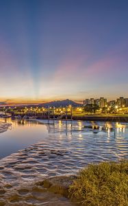 Preview wallpaper river, lights, shore, hills, evening