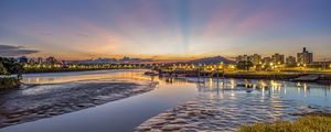 Preview wallpaper river, lights, shore, hills, evening