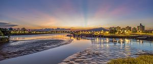 Preview wallpaper river, lights, shore, hills, evening