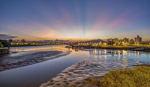 Preview wallpaper river, lights, shore, hills, evening