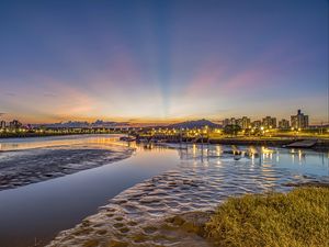 Preview wallpaper river, lights, shore, hills, evening