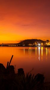 Preview wallpaper river, lights, silhouettes, evening, dark