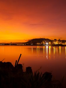 Preview wallpaper river, lights, silhouettes, evening, dark