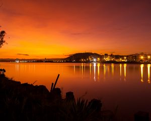 Preview wallpaper river, lights, silhouettes, evening, dark