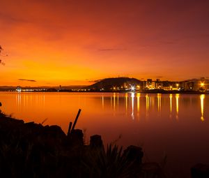 Preview wallpaper river, lights, silhouettes, evening, dark