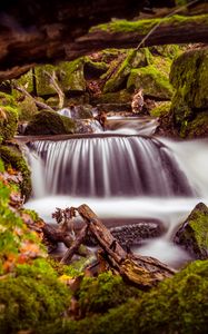 Preview wallpaper river, long exposure, stones, moss