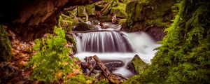 Preview wallpaper river, long exposure, stones, moss