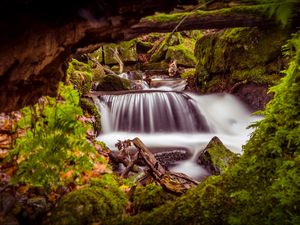 Preview wallpaper river, long exposure, stones, moss