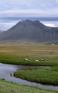 Preview wallpaper river, meadow, mountains, landscape, nature