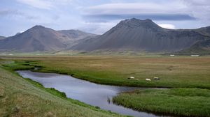 Preview wallpaper river, meadow, mountains, landscape, nature