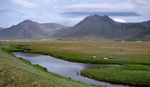 Preview wallpaper river, meadow, mountains, landscape, nature