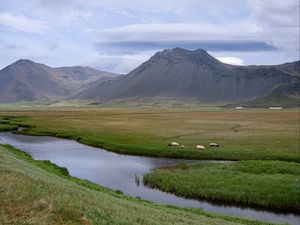 Preview wallpaper river, meadow, mountains, landscape, nature