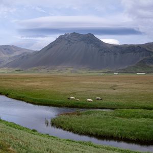 Preview wallpaper river, meadow, mountains, landscape, nature