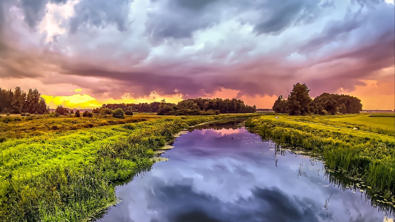 Wallpaper river, meadow, trees, landscape, nature, clouds