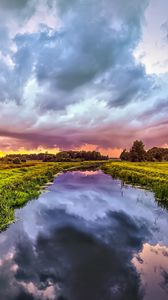 Preview wallpaper river, meadow, trees, landscape, nature, clouds