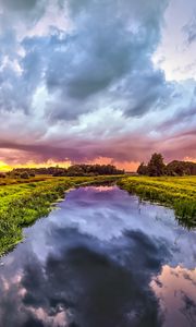 Preview wallpaper river, meadow, trees, landscape, nature, clouds