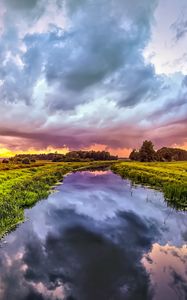 Preview wallpaper river, meadow, trees, landscape, nature, clouds