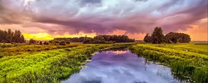 Preview wallpaper river, meadow, trees, landscape, nature, clouds